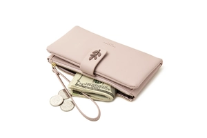 Detail view of pink long wallet showing multi-slot interior for cash and coins