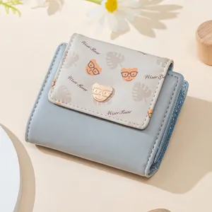 Women Short Trifold Wallet Cute Cartoon Bear Print PU Leather Card Holder With Zip Coin Pocket Fashion Handbag For Daily