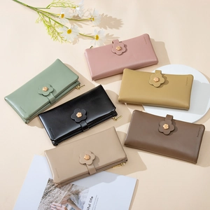 Elegant women long PU leather wallets in six colors with decorative floral buckles