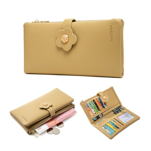 Detail of light brown PU leather long wallet with flower buckle and multiple card slots