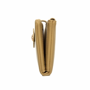 Detailed side view of folded mustard yellow PU leather long wallet with floral metal buckle