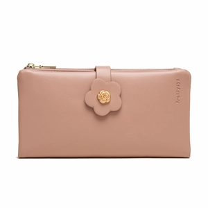 Detail of long pink PU leather wallet featuring a 3D flower clasp and gold rose center