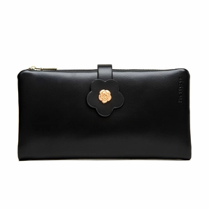 Close-up of black PU leather wallet featuring a gold rose ornament and zipper detail
