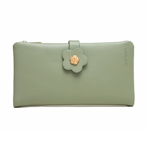Detailed close-up of sage green long wallet with floral gold clasp and zip closure