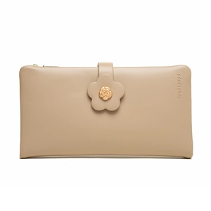 Detail view of beige PU leather long wallet with flower strap and golden rose accent