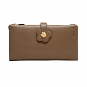 Close-up of brown PU leather long wallet featuring floral buckle and gold rose metal ornament