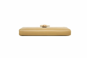 Detail of khaki long wallet featuring a golden floral clasp and premium smooth PU leather