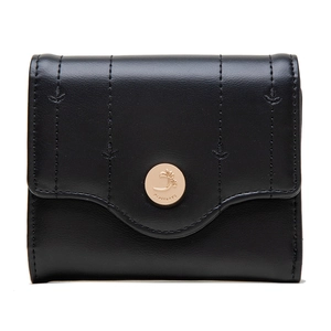 Detail of black PU leather wallet with delicate leaf embroidery and gold metal buckle