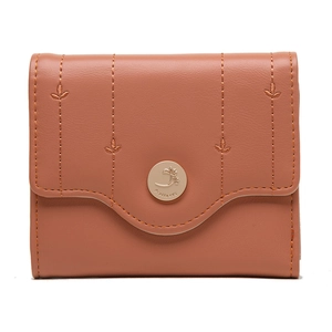 Detailed view of tan PU leather wallet featuring leaf embroidery and gold logo hardware