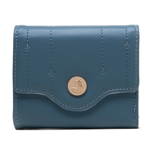 Detail of navy blue PU leather wallet featuring leaf embroidery and gold metal clasp