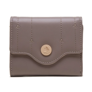 Detail of short taupe wallet with vertical stitching, leaf embroidery and gold metal snap