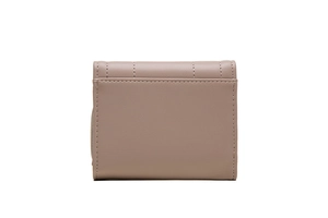 Detail view of the elegant taupe faux leather wallet with fine lychee texture and stitching