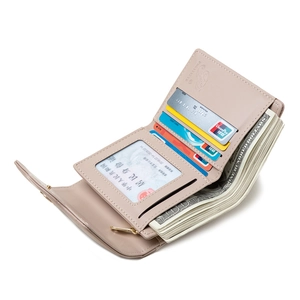 Women's minimalist bi-fold short wallet in light brown PU leather with multi-card slots