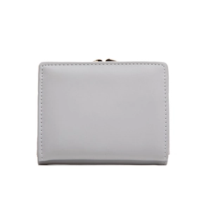 Short minimalist light gray women's tri-fold wallet with elegant leaf-shaped metal buckle