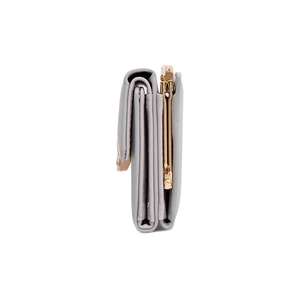 Minimalist grey trifold short wallet for women with elegant gold leaf buckle closure