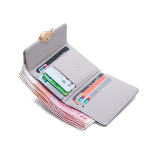Three-fold light grey textured leather wallet with leaf clasp and multi-card storage