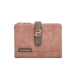 Kurze Damen Geldbörse aus mattem Leder mit Retro-Schnalle und Reißverschluss in Rosa