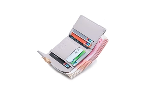 Detail view of the trifold wallet's interior featuring multiple card slots and banknote pocket