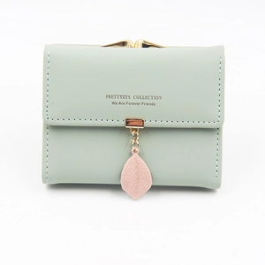 Short mint green women's tri-fold PU leather wallet with elegant pink leaf pendant