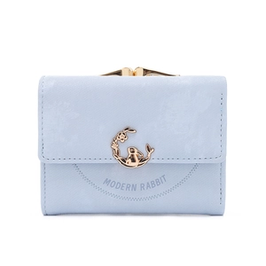 Detail of light blue tri-fold wallet with gold rabbit emblem and metal clasp closure