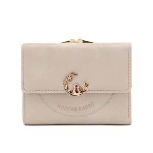 Beige matte leather tri-fold wallet with rose gold rabbit clasp and vintage metal frame