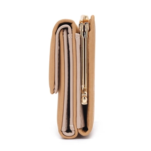 Detail view of khaki tri-fold wallet showing vintage gold clasp and layered structure