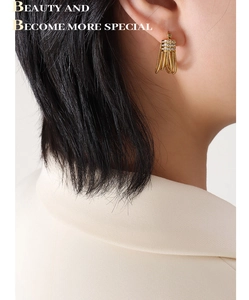 Close-up of golden tassel earrings with sparkling zircon inlay on a female model