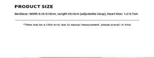 Detailed size chart for the heart pendant necklace showing adjustable chain length and width