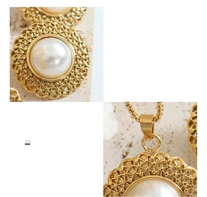 Detailed close-up of French vintage straw hat style pearl necklace and earrings set