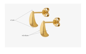 Detail view of mini gold teardrop stud earrings with measurements 1cm by 0.45cm