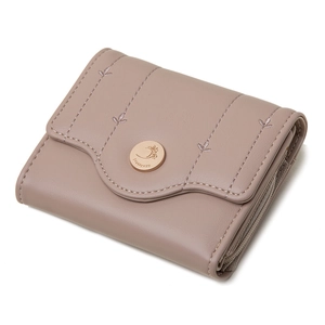 Short PU leather wallet for women with leaf embroidery and golden metal clasp