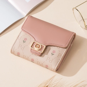 Drievoudige PU-leren damesportemonnee met roze bloemenprint en gouden gespsluiting