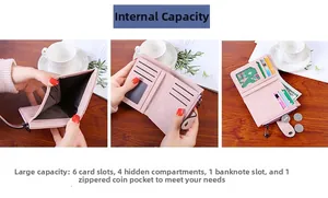 Detailed interior of pink PU leather wallet with multiple card slots and zipper pocket