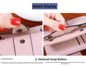 Detail showing pink PU leather wallet with snap closure and multi-card slot structure