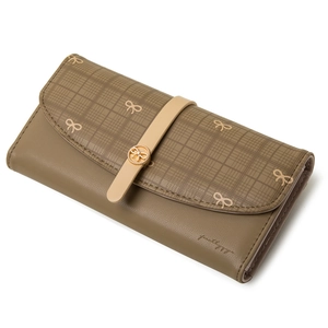 Portefeuille long en cuir PU marron pour femme avec texture à carreaux et boucle dorée