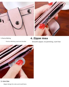 Detail of pink PU leather wallet showing precise stitching and smooth metal zipper closure