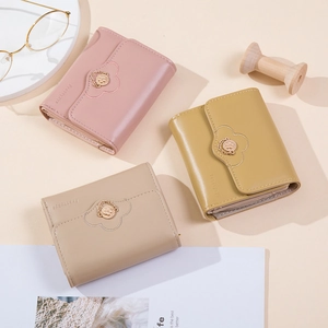 Minimalist tri-fold women's PU leather small wallet with floral metal clasp in pink and yellow