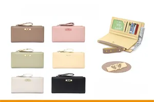 Detailed interior view of a long PU leather zip wallet showing card slots and heart buckle