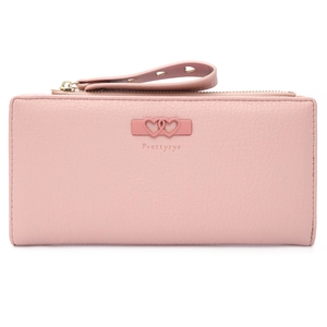 Pink minimalist long zip-around wallet for women with heart-shaped wristlet strap detail