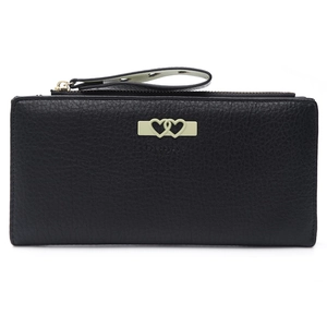 Close-up of black litchi leather wallet with dual heart clasp and wrist strap detail