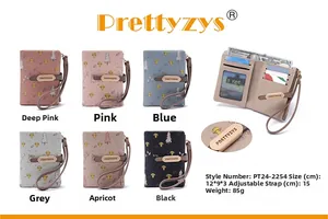 Detail view of colorful mushroom print wallets with detachable wrist straps and zip coin pockets