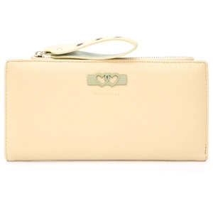 Detailed macro view of cream litchi texture leather wallet with double green heart buckle