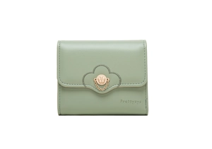 Detail of sage green matte PU leather wallet with flower metal buckle and fine stitching