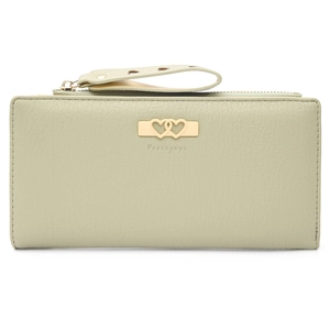 Women Long Wallet PU Leather Litchi Pattern Heart Decoration Zipper Clutch Purse With Wristlet Strap Sweet Style