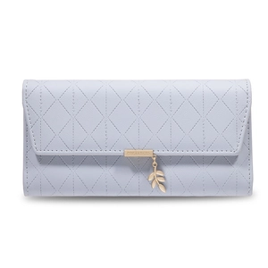 Close-up of lavender PU leather wallet with quilted leaf pattern and gold metal hardware