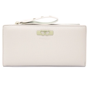 Detail of light beige litchi grain leather wallet with green heart buckle and wristlet