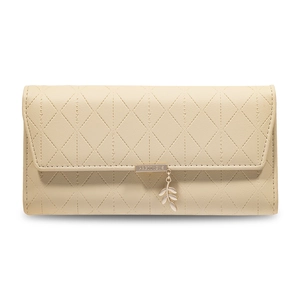 Detail of leaf pendant and stitched logo pattern on beige faux leather long wallet