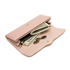 Pink long tri-fold wallet for women with gold hardware and multiple card slots