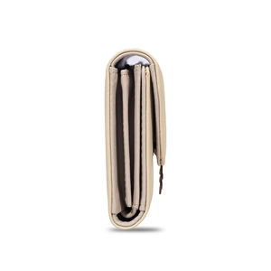 Side view of beige tri-fold long wallet showing multiple accordion compartments and zip pocket