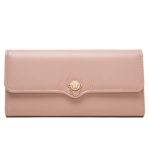 Elegant pink PU leather long wallet for women featuring a floral metal accent and trifold design